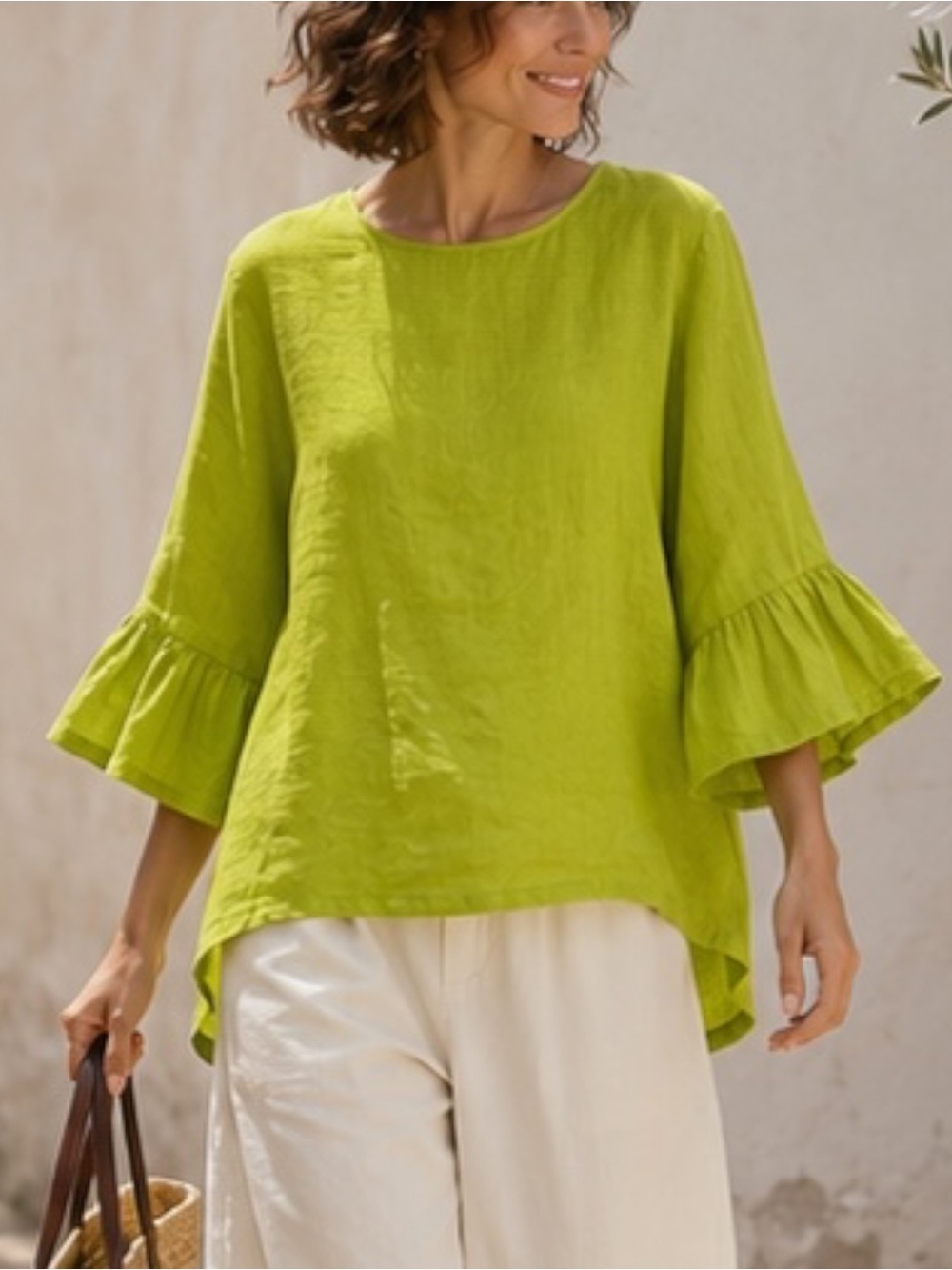 Bryn Walker Fran Vireo Lime Green Linen Ruffle Bell Sleeve High Low Shirt XL